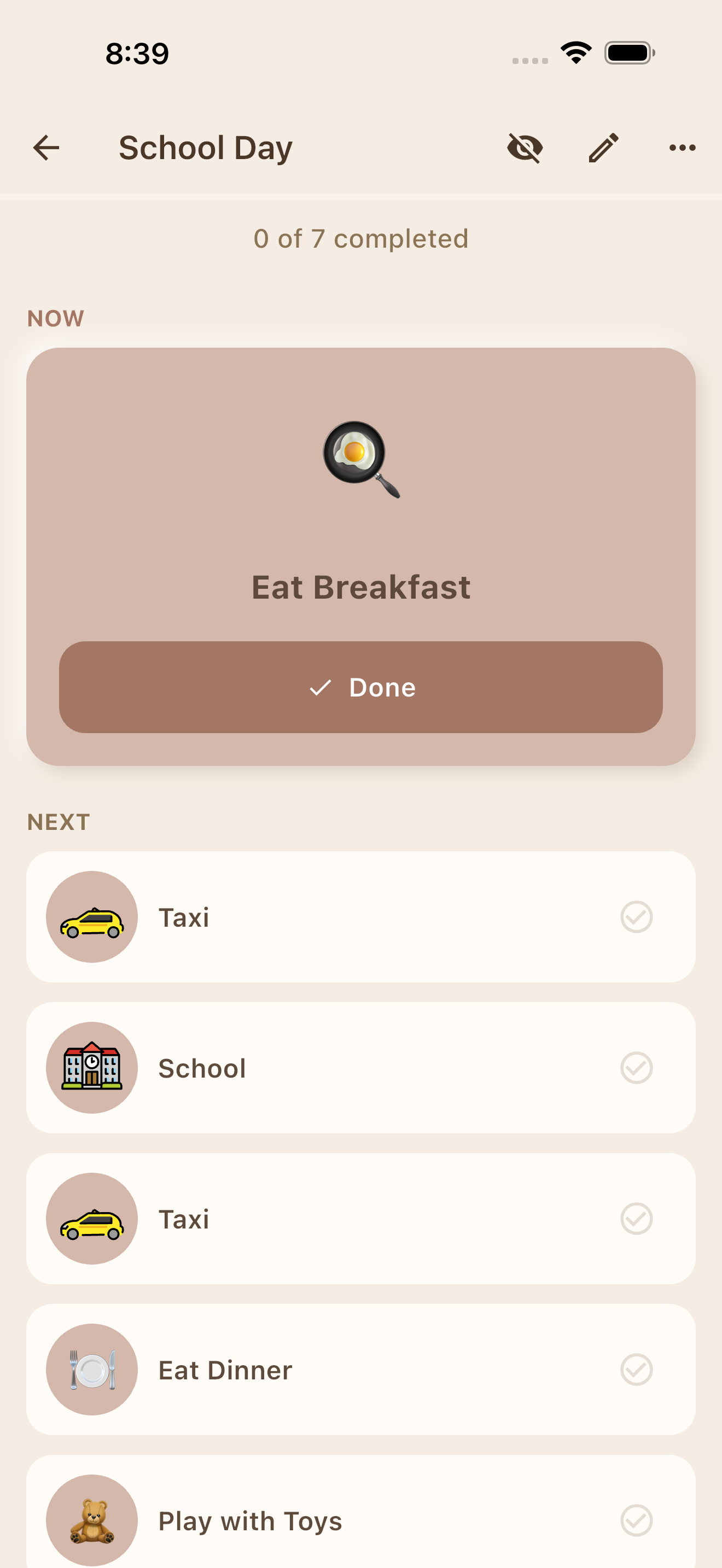 Day plan showing visual timeline of daily activities