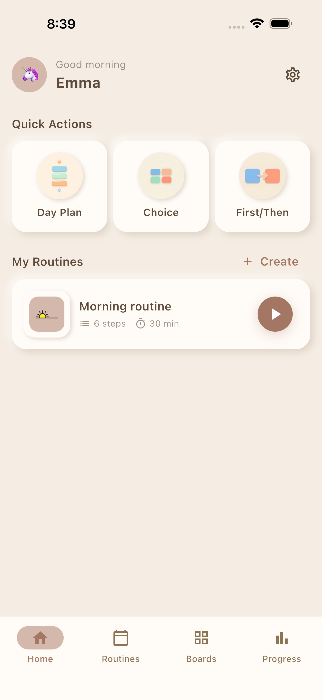 MyVisualRoutine home screen showing routines, choice boards, and day plans